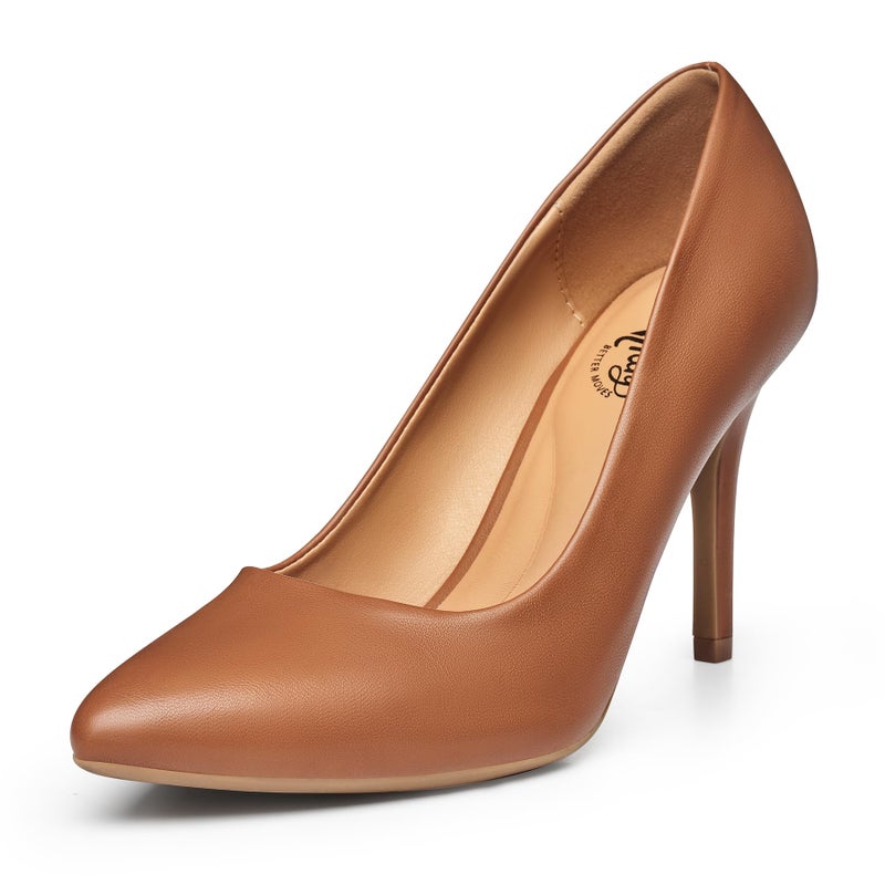 Trary Womenâ€™s High Heel Dress Pump Pointed Toe Shoe Classic Office Special Dressy Casual PU Brown06 - Image 1